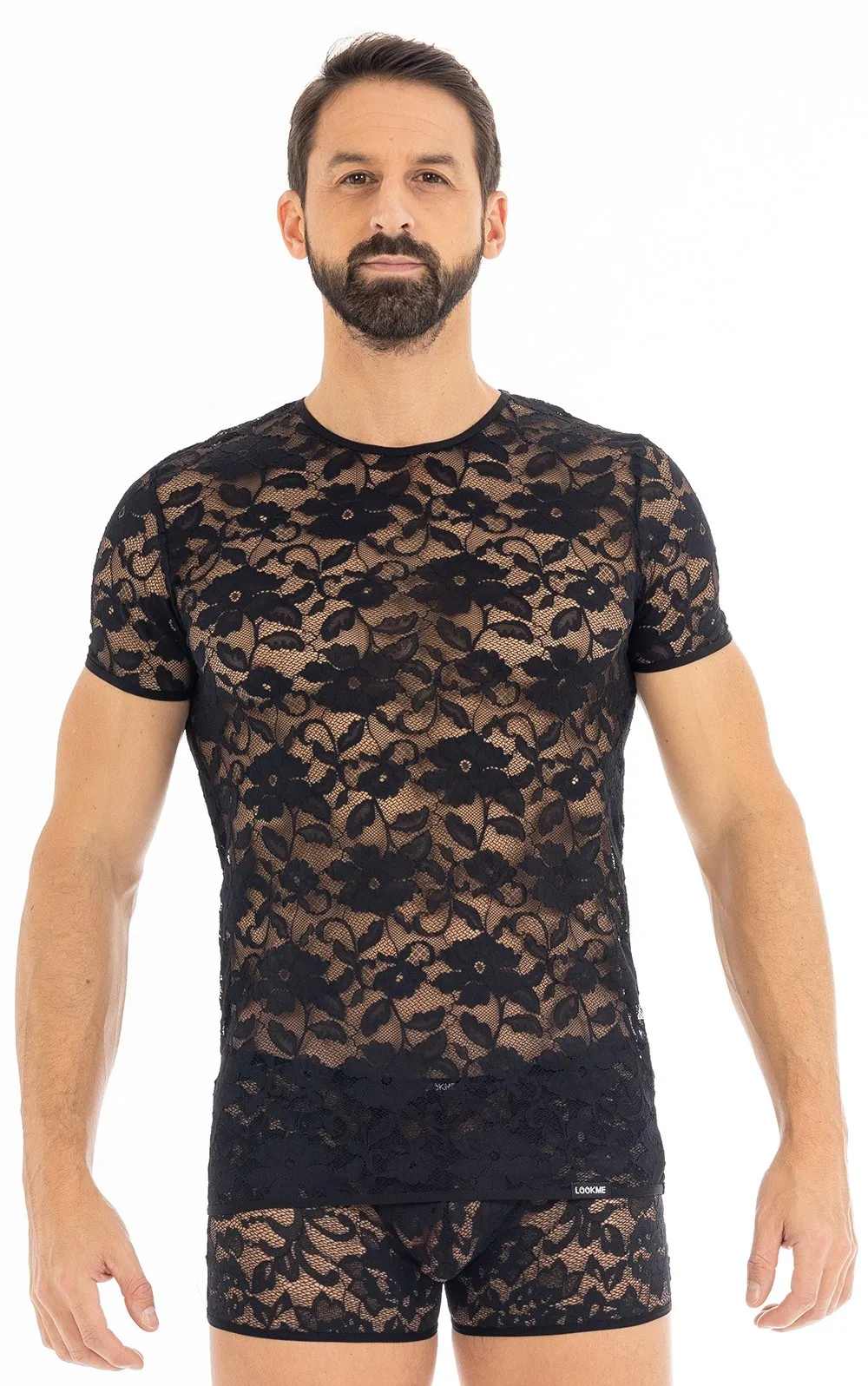 Tee Shirt Dentelle Noire Homme Élégant Extensible Polyester Élasthanne Confort
