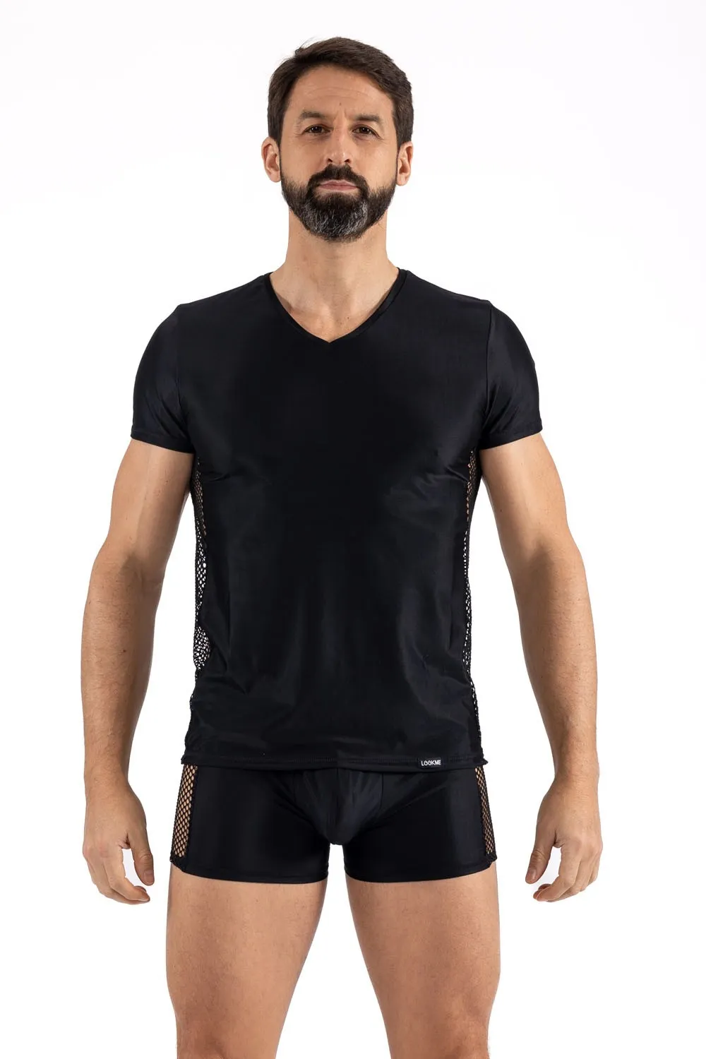 T-Shirt Noir Homme Résille Brodée Sexy Lookme Polyamide Élasthanne
