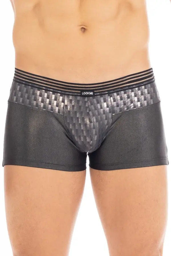 Boxer Homme Noir Brillant Ceinture Résille Couture Lingerie Sexy Lookme