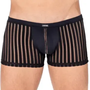 Boxer Noir Biker Résille Transparente Bandes Verticales Effet String Homme