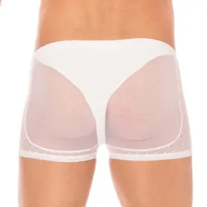 Boxer blanc en résille fine avec dentelle élégante, vue arrière, élastiques délicats et coupe ajustée.