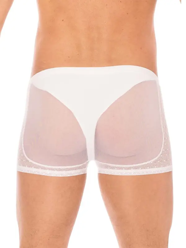 Boxer blanc en résille fine avec dentelle élégante, vue arrière, élastiques délicats et coupe ajustée.