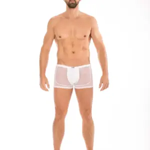 Boxer blanc en résille fine avec dentelle élégante, vue de face, élastique confortable, design séduisant pour homme.