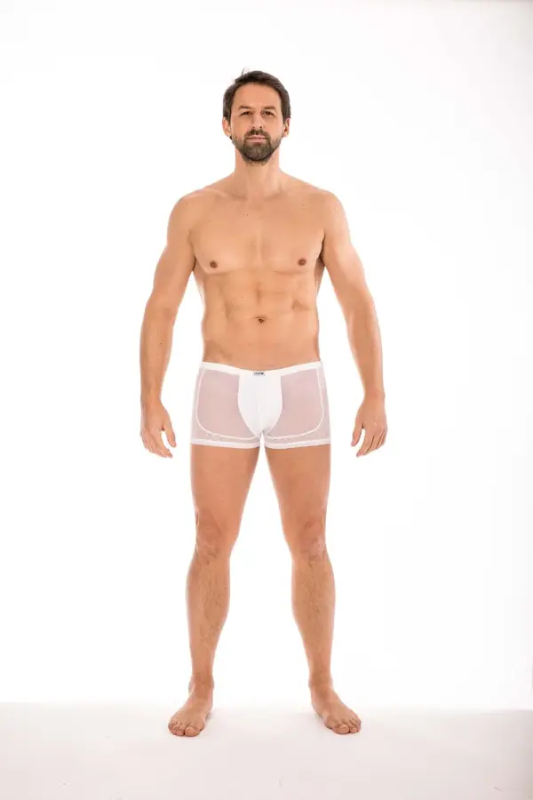 Boxer blanc en résille fine avec dentelle élégante, vue de face, élastique confortable, design séduisant pour homme.