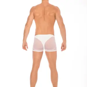 Boxer blanc en résille fine, vue arrière, avec détails en dentelle élégante et élastique confortable.