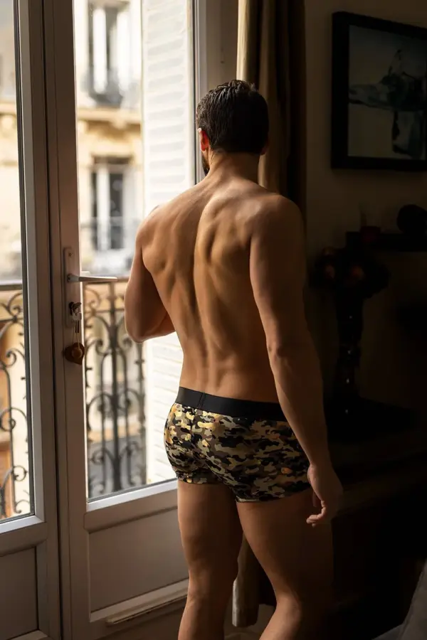 Boxer camouflage sexy avec ceinture large, vue arrière, tissu polyester élasthanne, confort optimal et style audacieux.