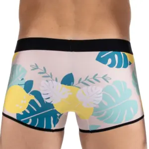 Boxer homme imprimé tropical avec motifs citron et feuillage, vue arrière, ceinture élastiquée noire, tissu stretch confor...