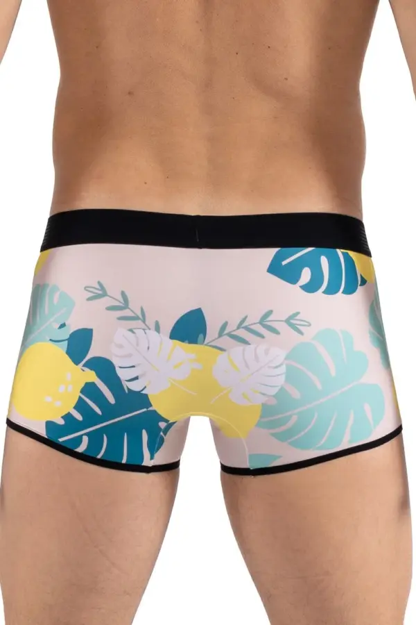 Boxer homme imprimé tropical avec motifs citron et feuillage, vue arrière, ceinture élastiquée noire, tissu stretch confor...