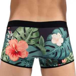 Boxer imprimé floral rouge et vert, élastique noir, vue arrière, tissu stretch confortable et sexy pour un look audacieux.
