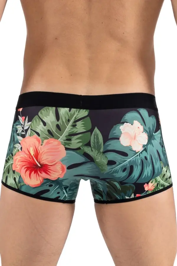 Boxer imprimé floral rouge et vert, élastique noir, vue arrière, tissu stretch confortable et sexy pour un look audacieux.