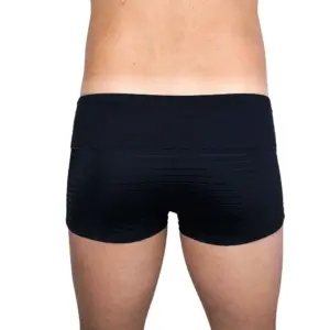 Boxer noir à rayures, vue arrière, en maille fine avec élastique confortable et bandes transparentes audacieuses.