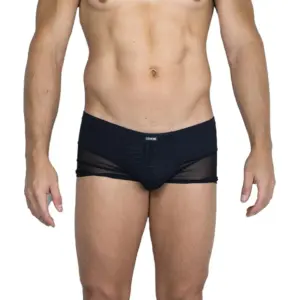 Boxer noir avec bandes transparentes, maille fine, vue de face, design audacieux et élégant pour homme.