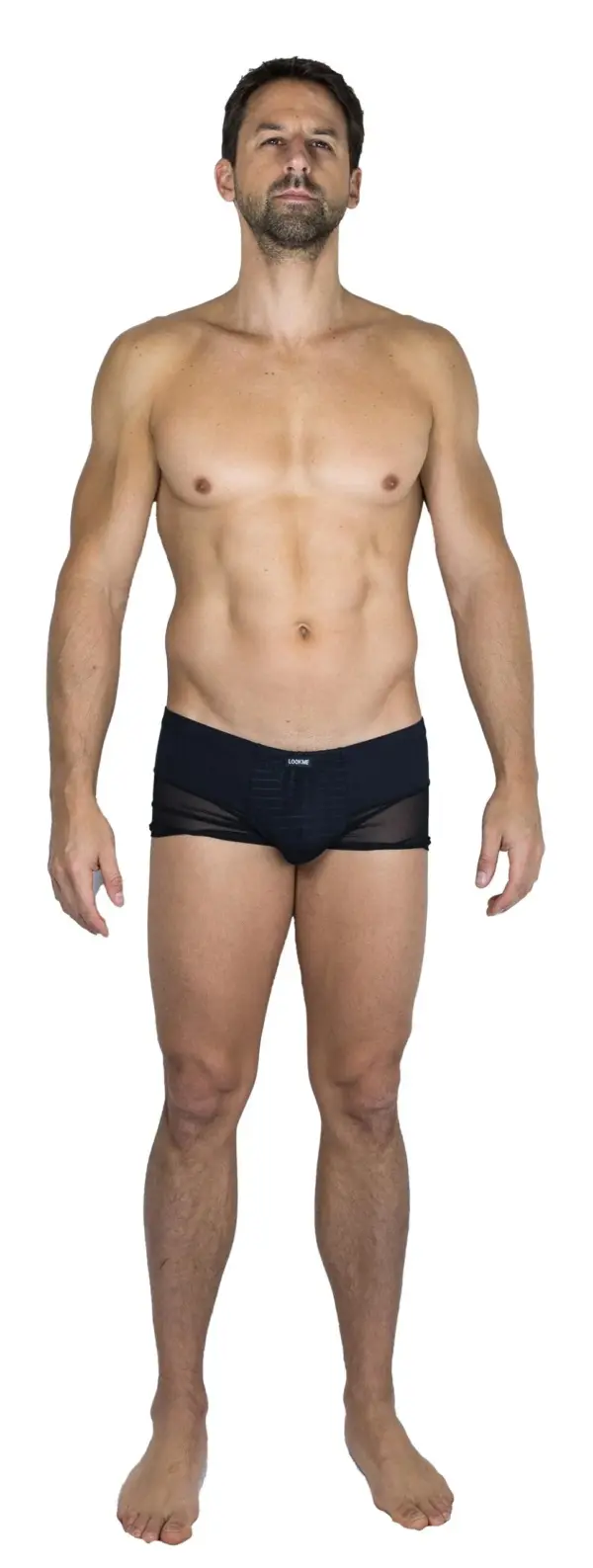 Boxer noir avec bandes transparentes, maille fine, vue de face, design audacieux et élégant pour homme.
