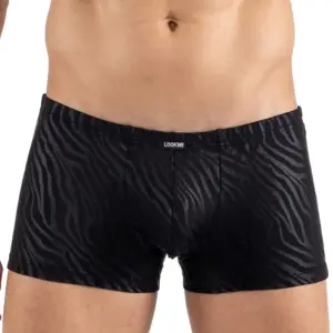 Boxer noir brillant à motif zébré doré, vue de face, en polyamide souple, élastique confortable et ajusté.