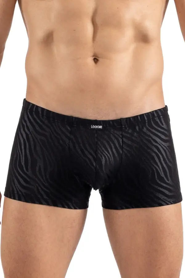 Boxer noir brillant à motif zébré doré, vue de face, en polyamide souple, élastique confortable et ajusté.