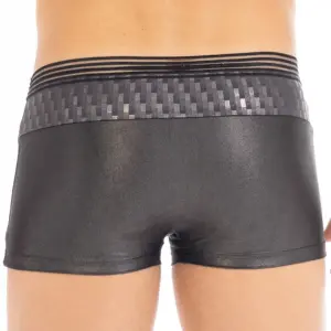 Boxer noir brillant avec ceinture en résille, vue arrière, tissu lisse et ajusté pour un look sexy et audacieux.