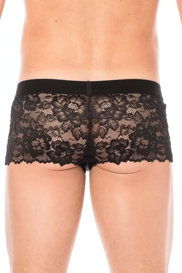Boxer noir en dentelle florale, vue arrière, élastique large, finition délicate et sexy, maintien optimal.