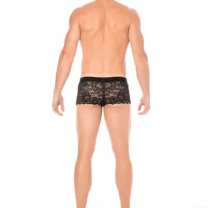 Boxer noir en dentelle florale, vue arrière, taille élastique, finition délicate et sexy, maintien optimal.