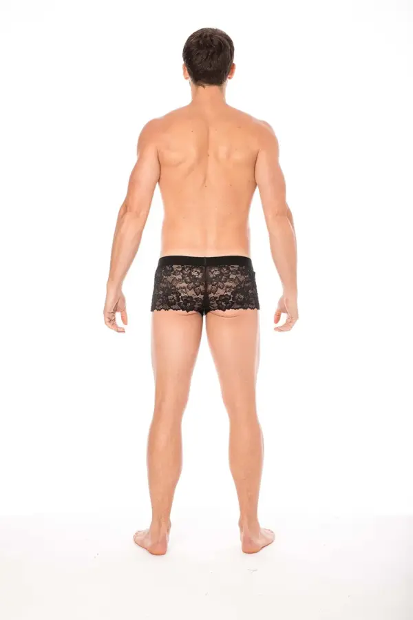 Boxer noir en dentelle florale, vue arrière, taille élastique, finition délicate et sexy, maintien optimal.