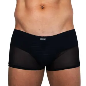 Boxer noir en maille fine avec bandes transparentes, vue de face, design élégant et audacieux pour un look sexy.