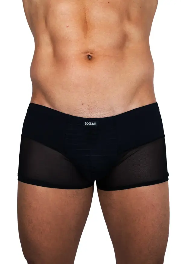 Boxer noir en maille fine avec bandes transparentes, vue de face, design élégant et audacieux pour un look sexy.