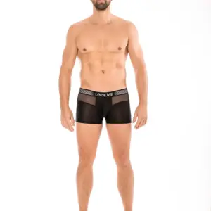 Boxer noir en résille transparente, ceinture élastique, vue de face, design audacieux et séduisant pour homme.