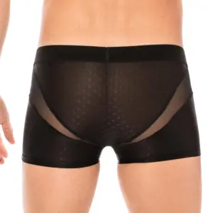 Boxer noir en résille transparente, vue arrière, ceinture élastique, design audacieux et sexy.