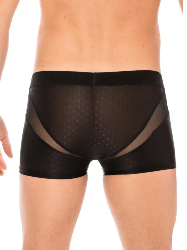Boxer noir en résille transparente, vue arrière, ceinture élastique, design audacieux et sexy.