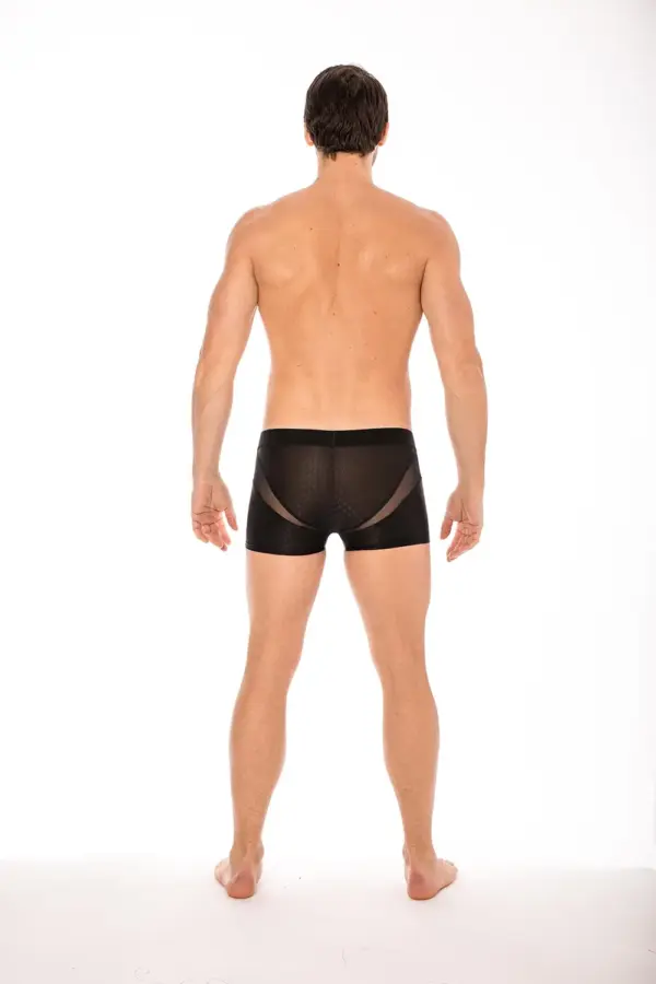 Boxer noir en résille transparente, vue de dos, ceinture élastique, design audacieux et sexy.
