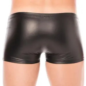 Boxer noir en simili cuir, vue arrière, coupe ajustée et brillante, idéal pour des soirées fétiches audacieuses.