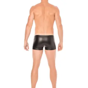 Boxer noir en simili cuir, vue de dos, coupe ajustée, finition brillante, idéal pour des soirées fétiches.