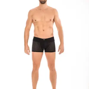 Boxer noir en tissu ajouré losange, ceinture large, vue de face, offrant un confort optimal et un style élégant.