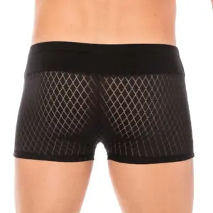 Boxer noir en tissu ajouré losange, vue arrière, ceinture large et élastique, design audacieux et confortable.