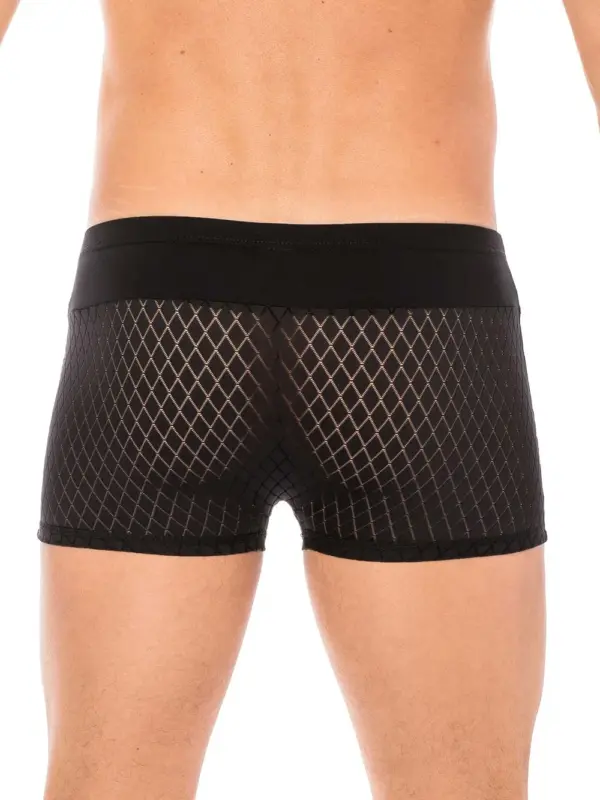 Boxer noir en tissu ajouré losange, vue arrière, ceinture large et élastique, design audacieux et confortable.
