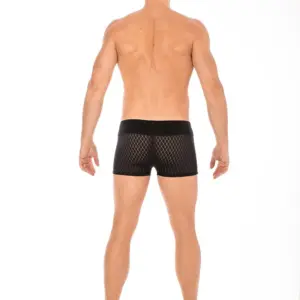 Boxer noir en tissu ajouré losange, vue de dos, ceinture large pour un maintien optimal et un style audacieux.