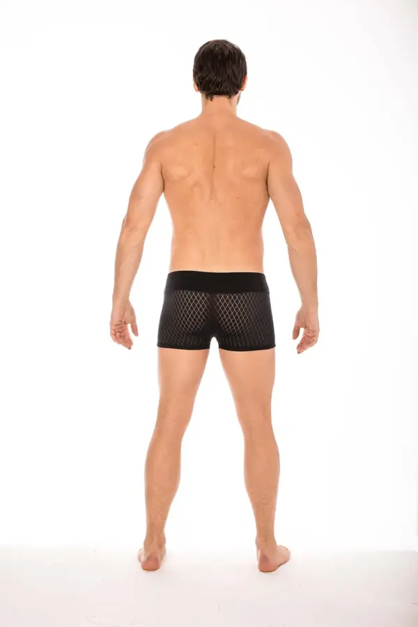 Boxer noir en tissu ajouré losange, vue de dos, ceinture large pour un maintien optimal et un style audacieux.