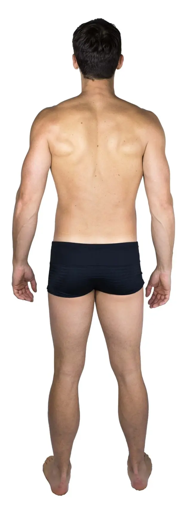 Boxer noir rayé en maille fine, bandes transparentes, vue arrière, design élégant et audacieux pour homme.