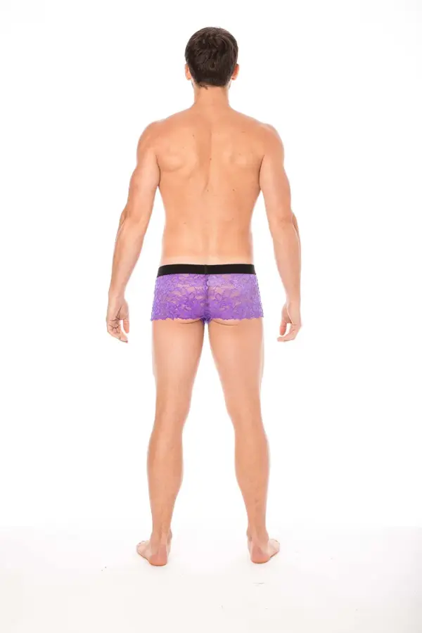 Boxer violet en dentelle florale, vue arrière, taille ajustée avec élastique noir, design sexy et confortable.
