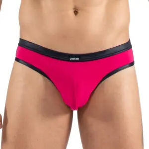 Jockstrap magenta ajusté avec ceinture noire, vue de face, tissu respirant et élastiques confortables pour un look audacieux.