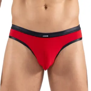 Jockstrap rouge audacieux avec ceinture noire, vue de face, tissu stretch et élastiques confortables, style sportif et sexy.