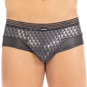 Mini pant noir brillant avec ceinture résille, vue de face, tissu texturé argenté, coupe sexy et audacieuse.