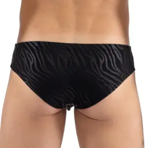 Mini pants noir zébré brillant, vue arrière, tissu polyamide élastique, coupe audacieuse, design sexy et moderne.