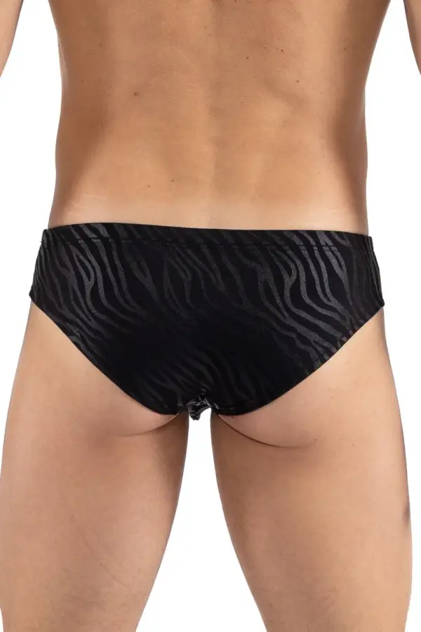 Mini pants noir zébré brillant, vue arrière, tissu polyamide élastique, coupe audacieuse, design sexy et moderne.