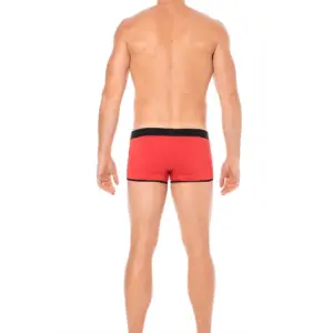 Mini pants rouge échancré, vue arrière, ceinture élastique noire, design moderne, tissu stretch ajusté pour un look audaci...
