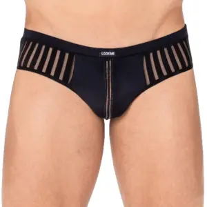 Slip noir en résille avec bandes verticales, effet string, vue de face, tissu élastique et design audacieux.