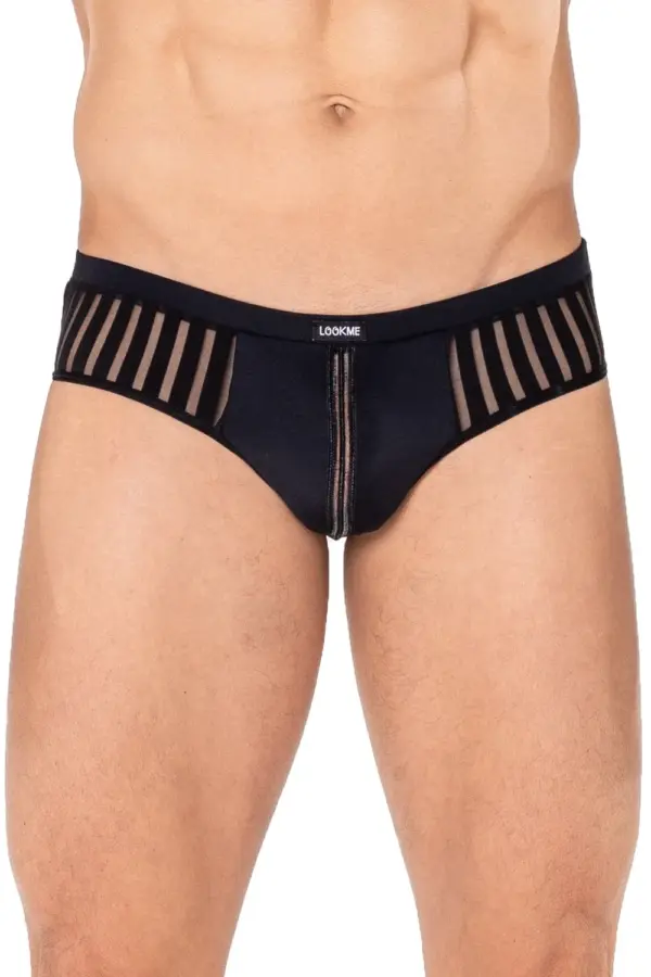 Slip noir en résille avec bandes verticales, effet string, vue de face, tissu élastique et design audacieux.