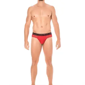 String Masculin Dentelle Rouge Florale Poche Opaque Jeux Séduction Hommes - vue de côté, String Masculin Sensuel