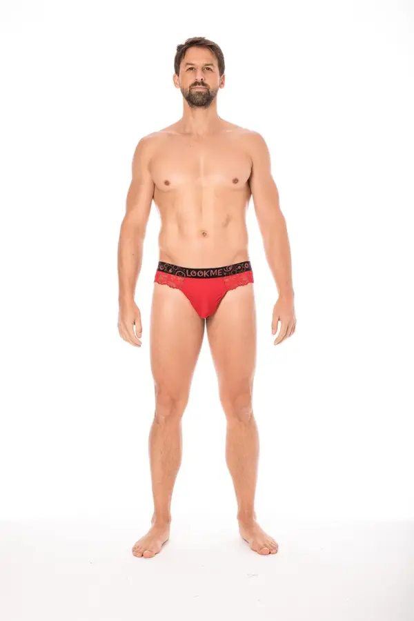 String Masculin Dentelle Rouge Florale Poche Opaque Jeux Séduction Hommes - vue de côté, String Masculin Sensuel