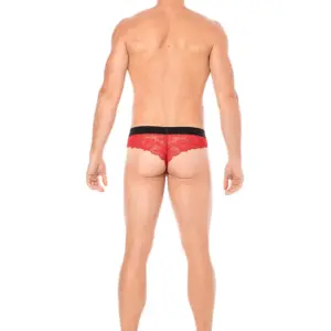 String masculin en dentelle rouge floral, vue arrière, avec élastique noir et poche opaque, séduisant et audacieux.