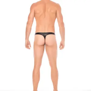 String masculin noir en simili cuir, vue arrière, coupe sexy et élastique ajusté, parfait pour un look audacieux.